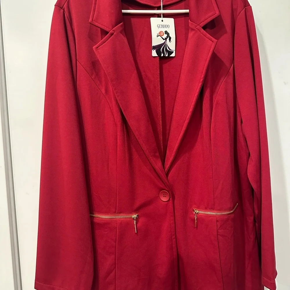 Genhoo Women's Red Long Sleeve Blazer Open Front Cardigan Jacket Work - Picture 2 of 10